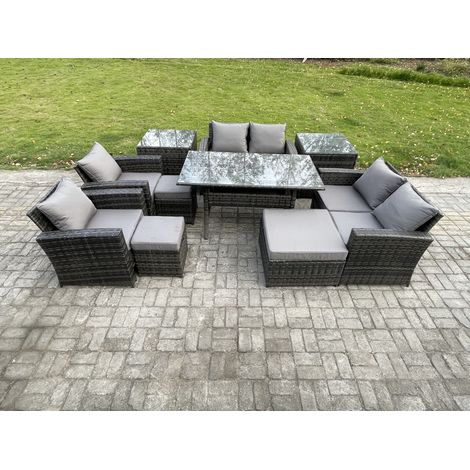 Fimous Garden Furniture Sets 10 Pieces Rattan Furniture Handmade Wicker Patio Sofa Set with 3 Footstools 2 Side Tables Dark Grey Mixed (1/5)