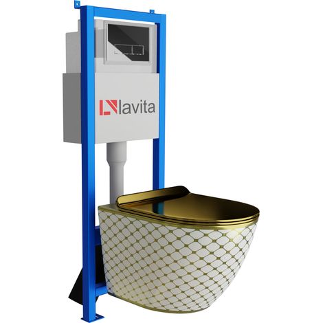 Bâti-support Lavita LAV 101 à 40 cm + WC Sofi Slim Checked Gold sans bord + plaque de commande LAV 200.3.2 chrome Kit complet WC (1/5)