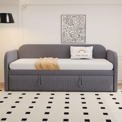Lit banquette extensible 90 x 190cm en lin gris avec lattes, design à rayures verticales, sans matelas (1/5)