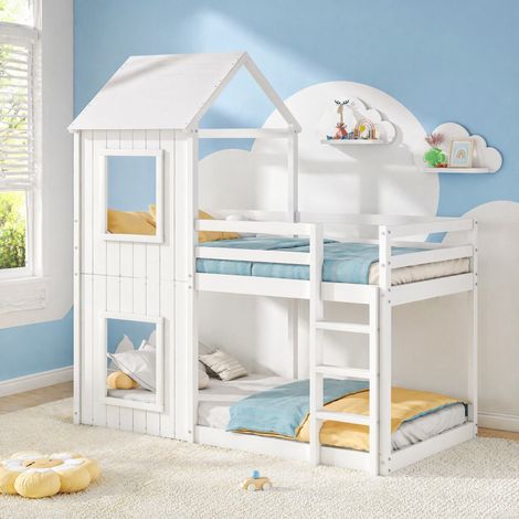 Lit mezzanine enfant 90x200 cm bois et MDF blanc avec toit, pour chambre, sans matelas – MEUBLIV (1/5)