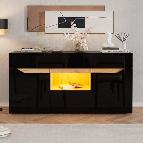 Aparador de salón 140x40x70 cm, aparador moderno con LED y USB, 4 cajones, 2 puertas y estantes para almacenamiento, Negro y Madera Natural (1/5)