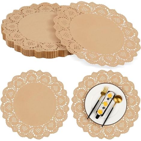 Lot de 100 sets de table ronds en papier kraft brun de 34 cm, sets de table en dentelle, sets de table jetables, adaptés pour la nourriture, les gateaux, les travaux manuels, les fêtes, les mariages e (1/4)