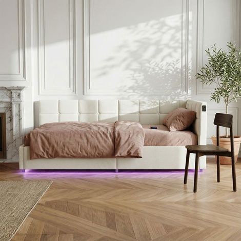 Cama 90x200 cm - Cofre de Almacenamiento - Iluminación LED - Toma USB - Estructura Sólida - Terciopelo
