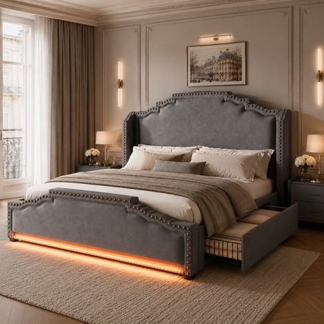 Lit rembourré 160x200 cm avec 4 tiroirs de rangement LED USB USB-C velours Gris (1/4)
