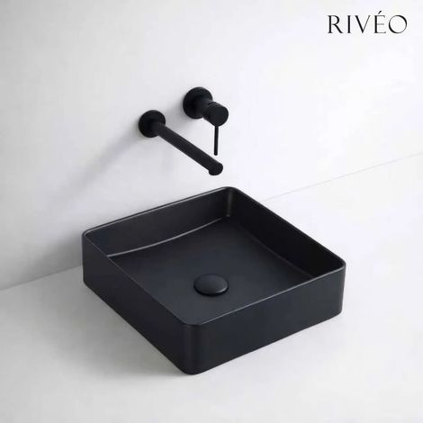 Vasque à poser carrée en céramique noire 36,5 x 36,5 x 11 cm avec bonde clic-clac noire incluse - RIVÉO (1/4)