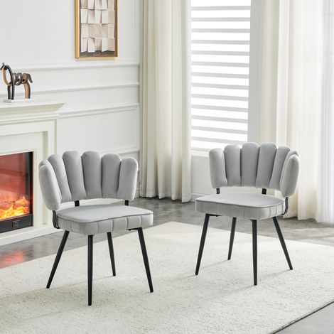 REDOM - Lot de 2 chaises de salle à manger, dossier floral en éventail, velours structuré, pieds en métal noir, gris clair (1/5)