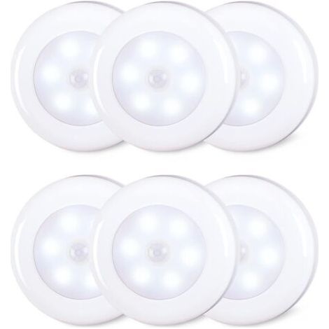 Confezione da 6 luci LED con sensore di movimento da 8 cm per interni, alimentate a batteria AAA, adesive per scale, sottopensili, armadi, bianco freddo