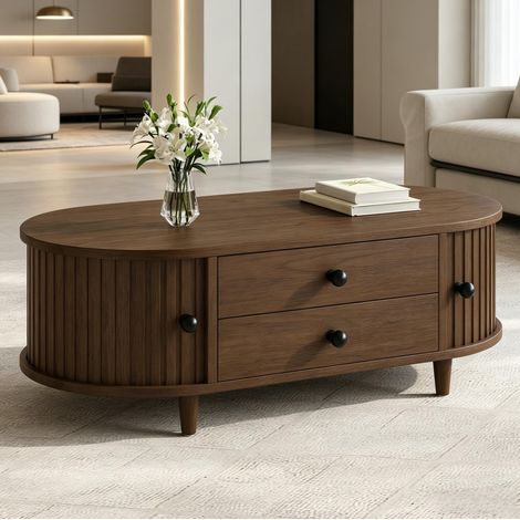 Table basse ronde 100×50×36 cm en MDF couleur noyer, 2 tiroirs et portes à roulettes, REDOM (1/5)