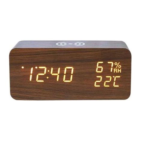 QORVA-Réveil numérique LED sans fil, affichage de la température et de l'humidité, luminosité réglable (marron) XXW (1/4)