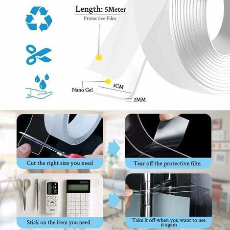 Extra Strong Double Sided Adhesive Tape, Transparent High Viscosity Two Side Tape, Multifunctional Washable Adhesive Tape Without Traces for Carpets, Kitchen or Office, etc. (1/4)