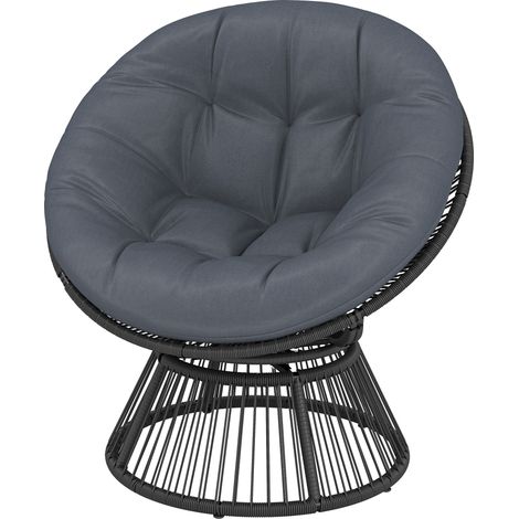 Fauteuil Papasan pivotant 360° gris, osier rond lounge, coussin inclus, structure acier