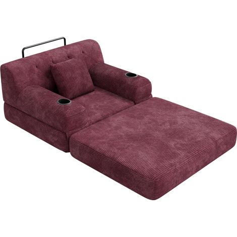 Divano letto singolo in pana, schienale alto, 2 portabicchieri, 4 tasche, bordeaux HOMVRA (1/5)