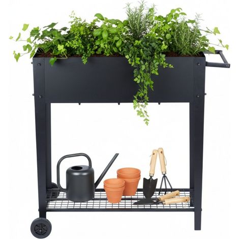 Relaxdays raised planter, shelf, wheels, garden, balcony & terrace, HxWxD: 80 x 85 x 50 cm, mobile table planter, black