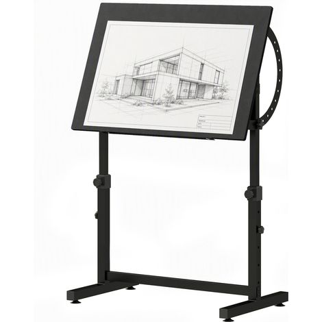 Table à Dessin Inclinable 0°-85°, Bureau à Dessin Réglable en Hauteur avec Rebord Antidérapant, Cadre en Acier, Noir (1/5)