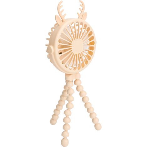 Ventilateur pour poussette avec trépied flexible à pince, fonctionne sur piles, 3 vitesses, éclairage LED, motif corne de cerf, rotation à 360°, jaune (1/5)