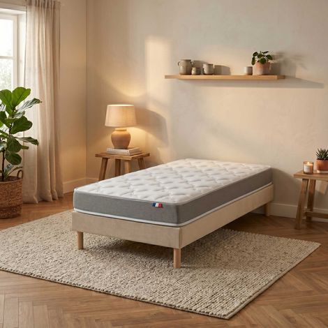 Ensemble matelas mousse 25kg/m3 H16 sommier en kit 90x200cm beige (1/5)