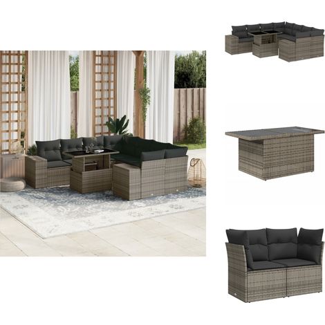 9-tlg. Garten-Sofagarnitur mit Kissen Grau Poly Rattan - Gartenmöbel Set - PE-Rattan Möbel - Outdoor Lounge - Gartenecke - Sofasatz (1/5)