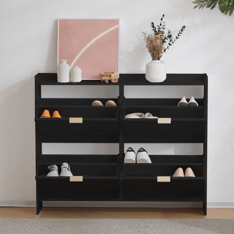 Schwarzer Schuhschrank mit 4 Klappen, offenen Fächern, 110 x 90 x 24 cm HAVRYA (1/5)
