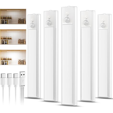 5 Pièce Lampe LED Rechargeable,20CM Blanc Froid Reglette led Cuisine, Lumiere Detecteur de Mouvement Interieur Sous Meuble Placard Eclairage, Intensité Variable, Installation Magnétique (1/5)