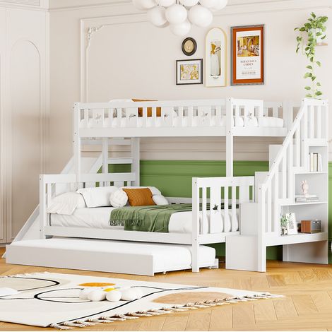 DESVIAE Lit superposé enfant avec toboggan sécurisé rangement lit gigogne sommier à lattes blanc 90 x 200 140 x 200 bois massif (1/5)