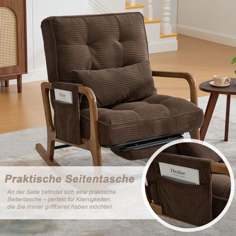Fauteuil à bascule moderne avec repose-pieds, chaise bébé en velours côtelé à poches latérales, siège ergonomique de détente avec coussin lombaire et dossier inclinable – pour salon, chambre et chambr (1/5)