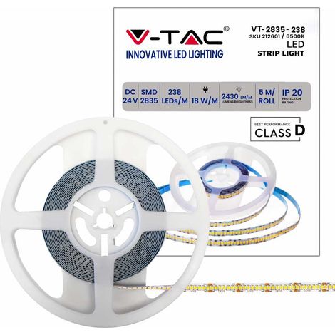 V-TAC VT-2835 Streifen 1190LED 24V 18w / m SMD2835 5Mt kaltweiß 6400K IP20 ohne WP - SKU 212601 (1/4)