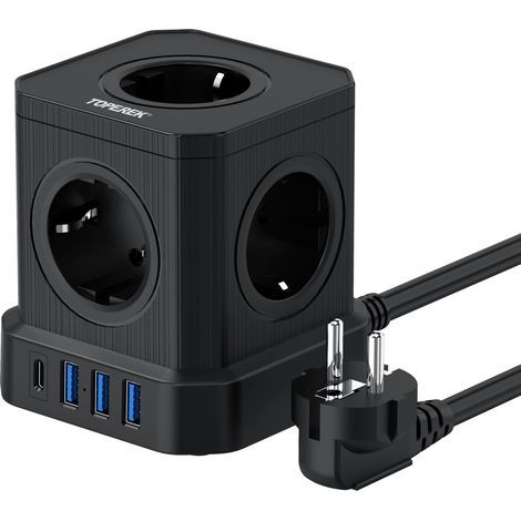 TOPREK PD20W PD3.0 USB-C 5-fach 16A/4000W Mehrfachsteckdosen-Verlängerungskabel mit Kindersicherung, 2 m, ideal für Zuhause, Studentenzimmer, Büro und Reisen. (1/5)