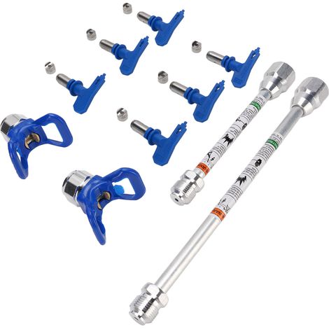 Kit de pistolet à peinture sans air avec embouts, pièces détachées pour machine à peindre : buses 211, 313, 319, 415, 517 et 623, 2 porte-buses et 2 rallonges (bleu). (1/5)