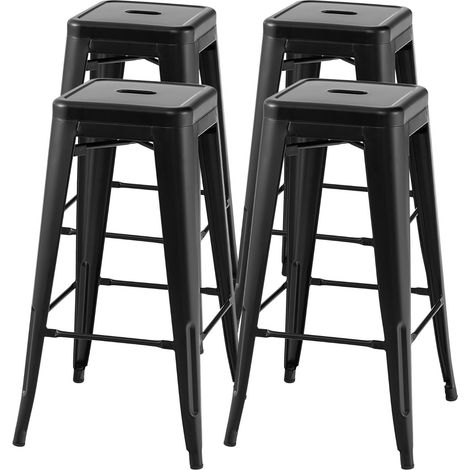 Set di 4 sgabelli da bar alti 76cm con poggiapiedi piedini in gomma, Sgabelli impilabili per cucina bar Nero (1/4)