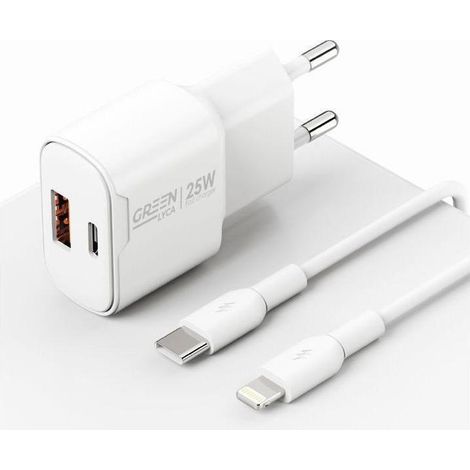 Carregador Parede Fast Charge Kit GREEN LYCA GL70288 Branco - 25W, Cabo USB-C para Lightning Incluído (1/2)