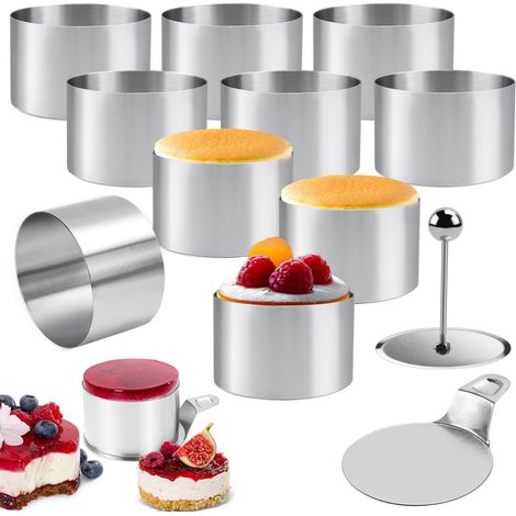 Ensemble de 10 cercles à dessert et moules à gâteaux en acier inoxydable de 8 cm avec spatule et pilon, pour la préparation de mousses, gâteaux et desserts maison.