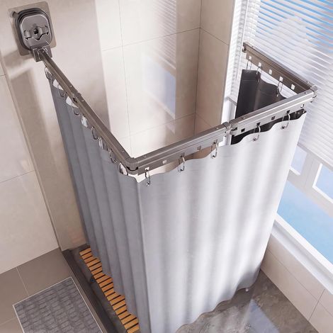 Tringle rideau sans percage,tringle à rideau de douche murale pliable,barre rideau sans perçage réglable à ventouses en cinq sections,convient aux salles de bains, baignoires et cabines d'essayage (1/5)