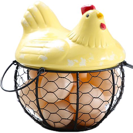 Panier à œufs en céramique et fer forgé, en forme de poussin, jaune, pouvant contenir 15 œufs (1/5)
