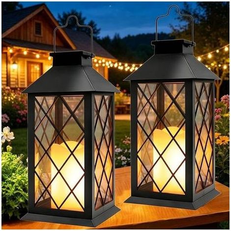 Lanterne Solaire Exterieur 2 Pièces 35cm Grande Lampe Solaire Jardin avec Bougie, Verre Trempé, Lampe de Table Étanche Suspension Lampe, Solaire Exterieur a Poser pour Balcon Jardin Noir (1/5)