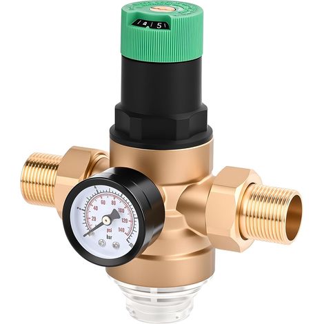 Réducteur de pression d\'eau 3/4", régulateur de pression d\'eau avec manomètre et filtre à tamis, valve réducteur de pression régulateur de pression en laiton pour maisons, bâtiments (1/5)