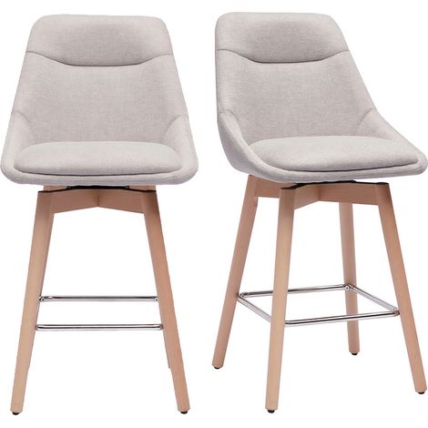 Skandinavische Barhocker, 360° drehbar, aus strukturiertem Samt-Effekt Stoff in Beige und hellem Holz H65 cm (2er-Set) ALESS