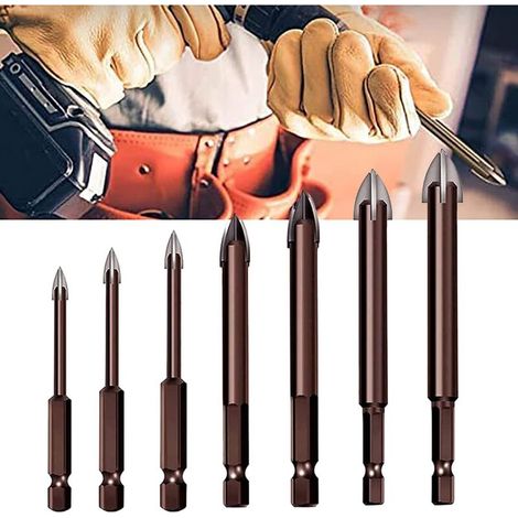 Set multifunktionaler dreieckiger Kreuzbohrer aus Aluminiumlegierung für Metall, Holz, Glas, Betonfliesen, Wandbohrungen, Elektrowerkzeugzubehör (7-teilig)