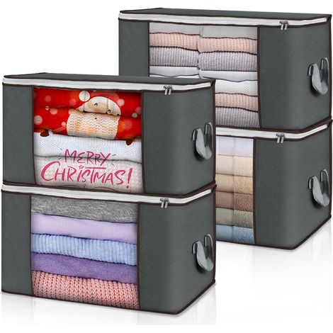 Große Aufbewahrungstaschen, 4er-Pack faltbare Kleiderschrank-Aufbewahrungsboxen, robuste Griffe, dickes Gewebe, geeignet für Decken, Steppdecken, Bettwäsche, 90 Liter (grau). (1/5)