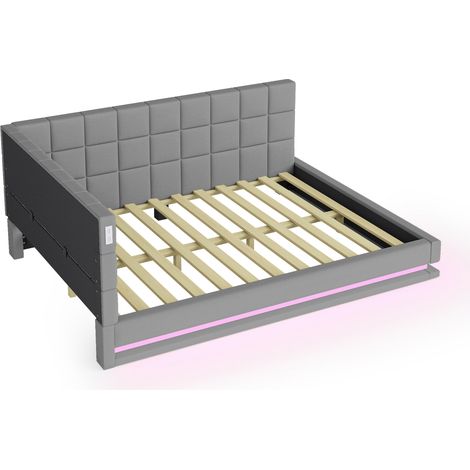 Cama sofá capitoné 160 x 200 cm con LED, USB y somier de láminas, gris HOMVRA (1/5)