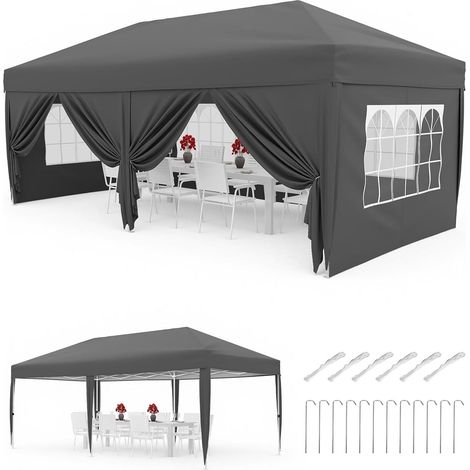 Barnum Pliant 3x6 m avec 6 Parois Latérales - Tonnelle de Réception Imperméable et Anti-UV - Hauteur Réglable - Sac à Roulettes