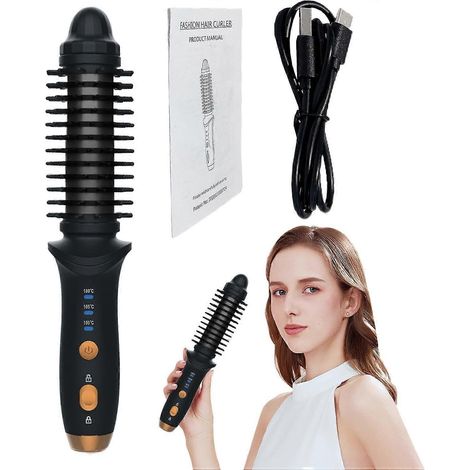 Brosse à friser électrique chauffante rechargeable, brosse ronde 3 niveaux température, outil coiffure pour voyages, hôtels et résidences étudiantes (1/5)