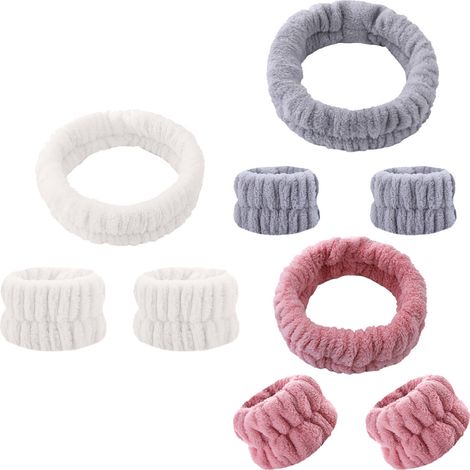 Ensemble de 3 bandeaux de spa réutilisables pour le visage et les poignets : comprend 3 bandeaux et 6 bracelets pour éviter que le liquide ne coule le long des bras. (1/5)