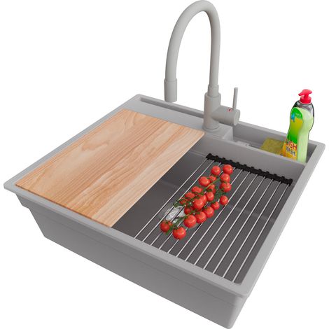 PRIMAGRAN Evier Cuisine en Granit 58x53cm,Lavabo 1 bac + Robinet 38x14cm + Kit de Vidage + Accessoires, Évier à Encastrer au meuble 60cm - Oslo Pocket, Gris (1/5)