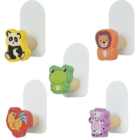 Patère,Crochets Autocollants,5 Pièces Porte Manteau Enfant Patere,Crochet Adhésif Enfant,Funny Animals crochets adhésifs en bois (1/4)