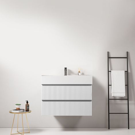 Mobile bagno sospeso cannettato 80 cm Bianco Lavabo in Resina Senza Specchio - Fiji Paint (1/4)