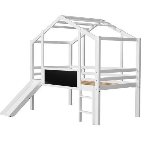 Lit mezzanine enfant 90 x 200 cm maison avec toboggan, échelle et tableau blanc (1/5)