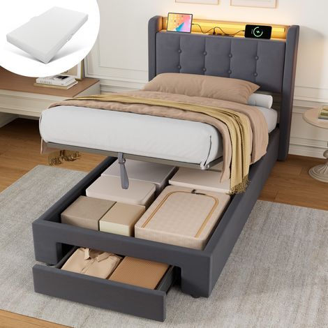 Cama 90×200 cm con LED - 2 cajones - Canapé hidráulico - Cabecero con puertos USB y Type-C - Somier de lamas - Terciopelo - Gris (1/5)