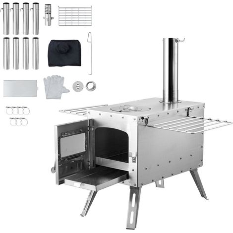 Poêle à bois camping 218,44 cm, acier inoxydable, avec conduit et gants, foyer 49x16,3 cm, 8 tuyaux, pour chauffage et cuisson extérieur. (1/5)