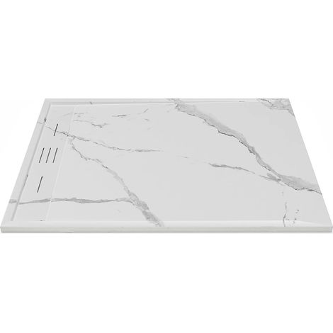 Vente-Unique – Receveur de douche à encastrer en résine SMC – Anti-dérapant – Blanc marbré – 120 x 90 cm – Épaisseur 30 mm – Grille d'évacuation incluse (1/5)