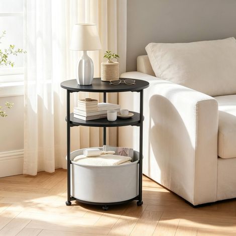 Table basse ronde avec rangement, 43 x 43 x 56 cm, panier en tissu amovible, plateau en panneau de particules, structure en métal, pieds réglables, noire – CHICFURN (1/5)